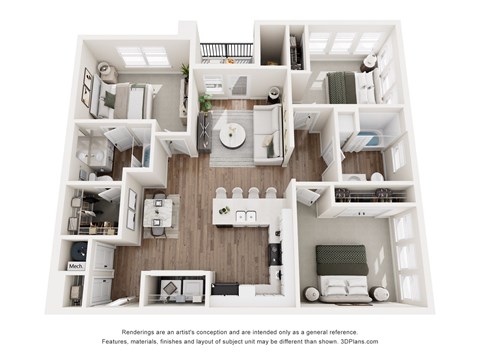 Floor plan for 3 beds, 2 baths, 1163 sqft